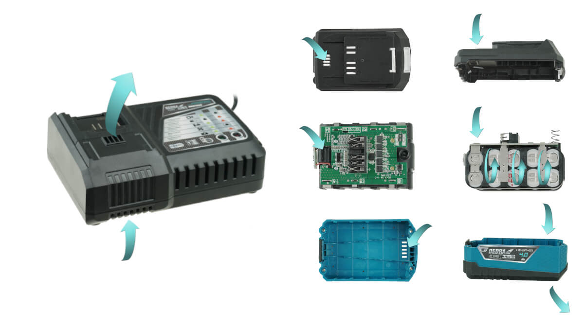 Inteligentne akcesoria do elektronarzędzi - szybka ładowarka SMART, do akumulatorów DEDRA SAS+ALL