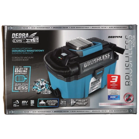 Odkurzacz walizkowy akumulatorowy, silnik bezszczotkowy 18V DEDRA SAS+ALL DED7174 pojemność zbiornika 10l